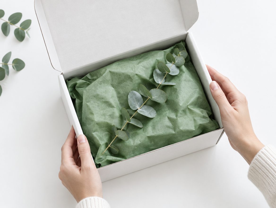 Opened white box with green tissue paper