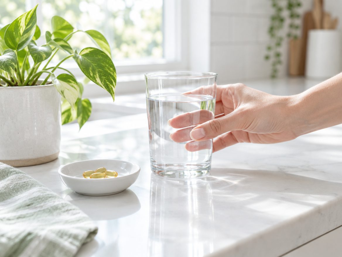 Hand reaching for a glass of water beside a plant