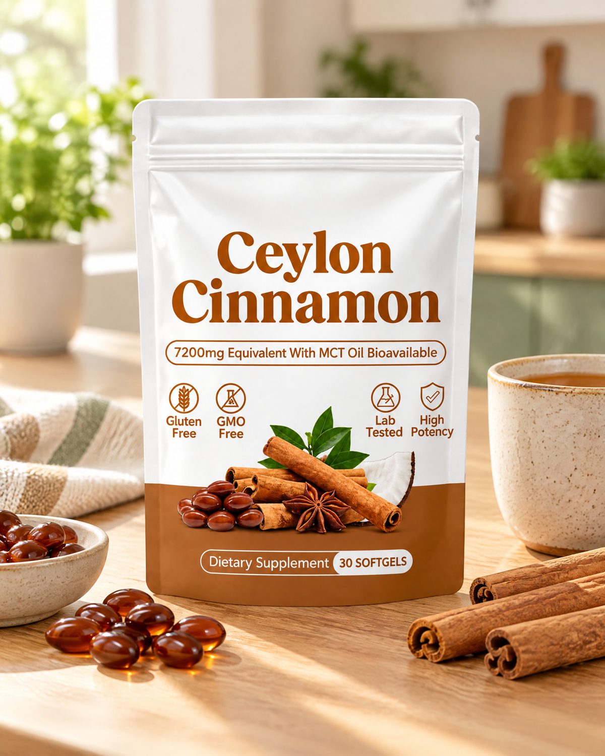 Vesterial Ceylon Cinnamon pouch on a kitchen counter