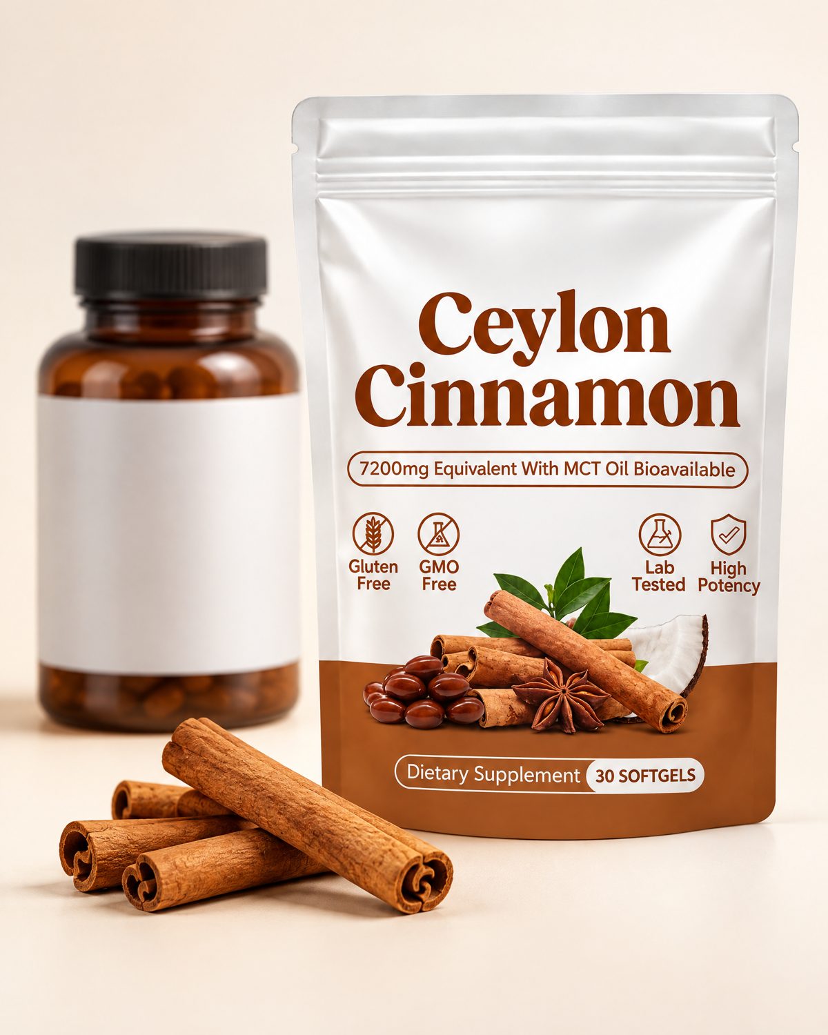 Vesterial Ceylon Cinnamon next to a generic supplement bottle