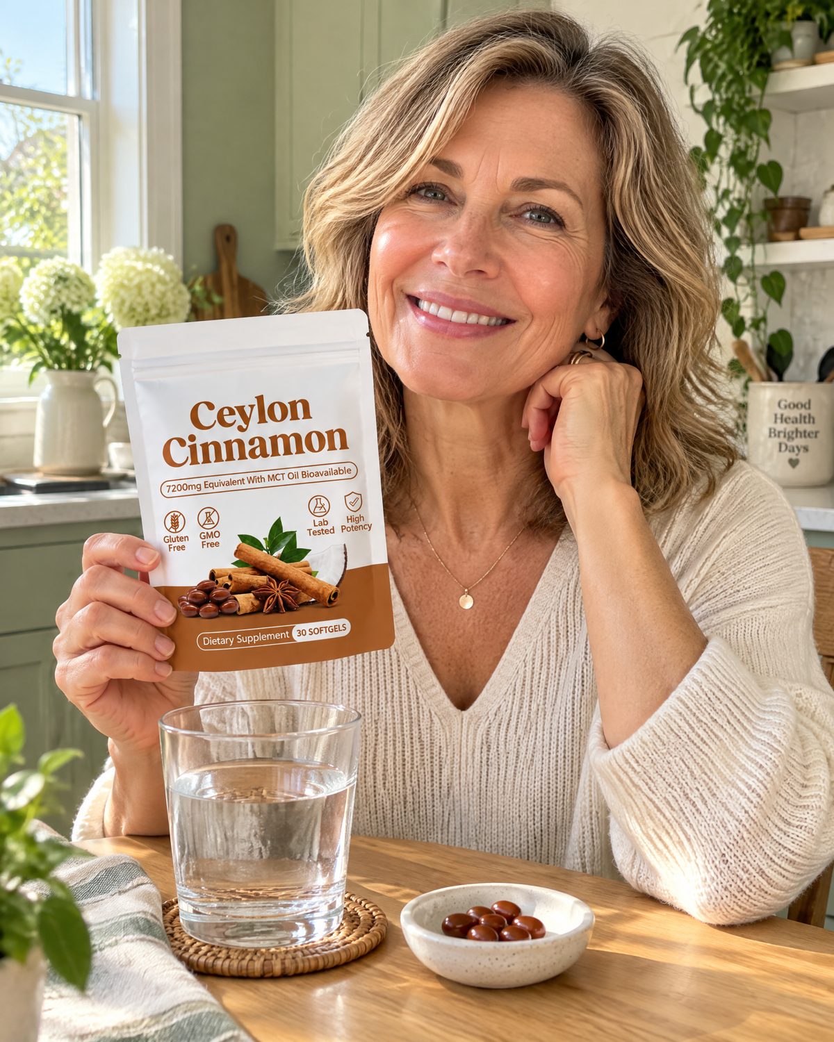 Customer holding Vesterial Ceylon Cinnamon at her kitchen table