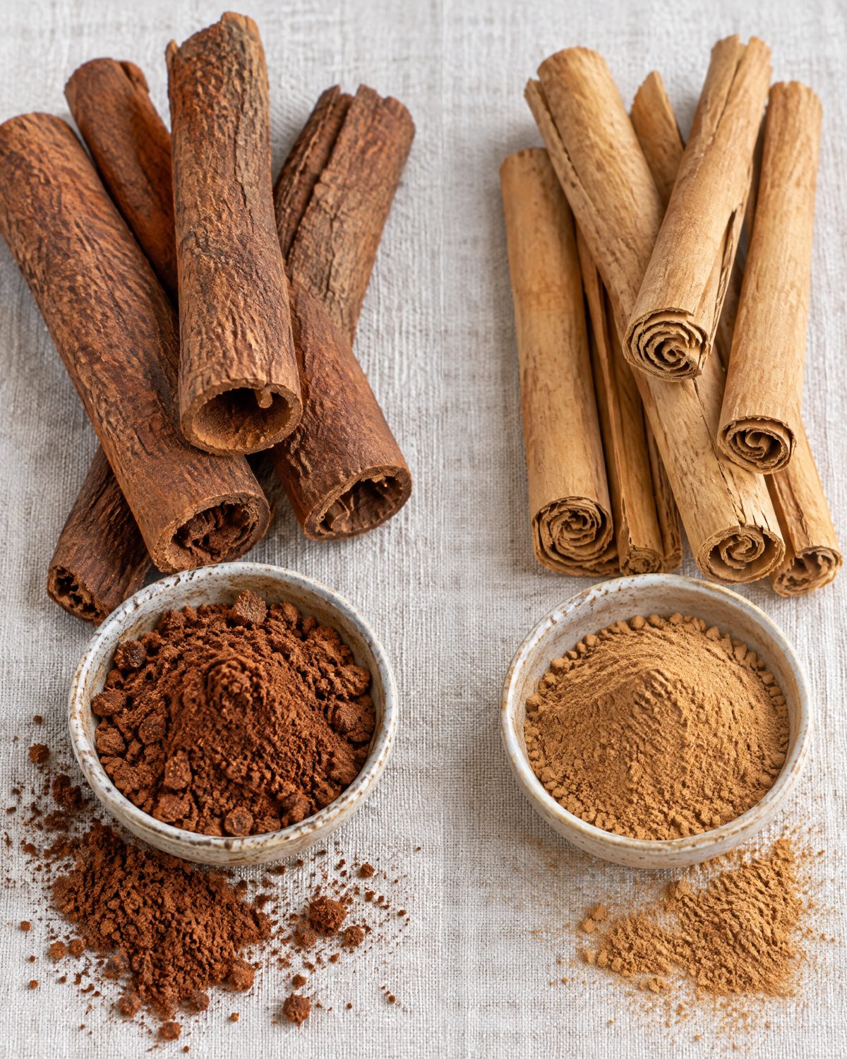 Cassia cinnamon compared with true Ceylon cinnamon