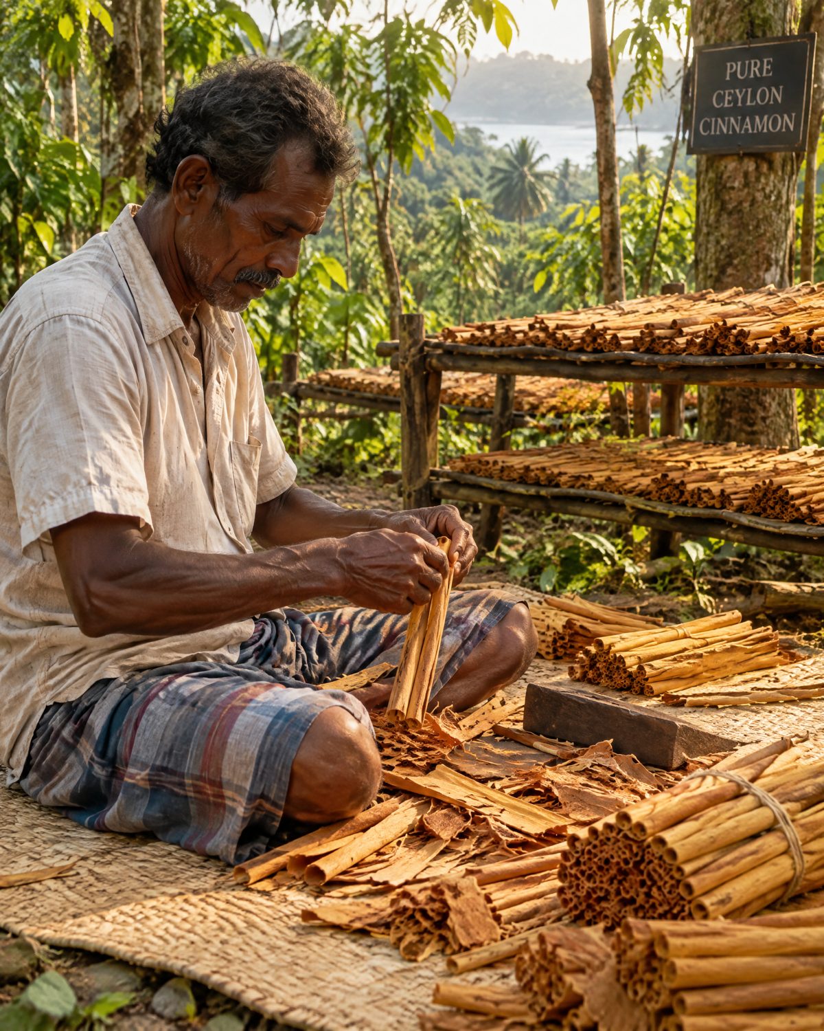 Cinnamon peeler hand-rolling Ceylon cinnamon quills in Sri Lanka