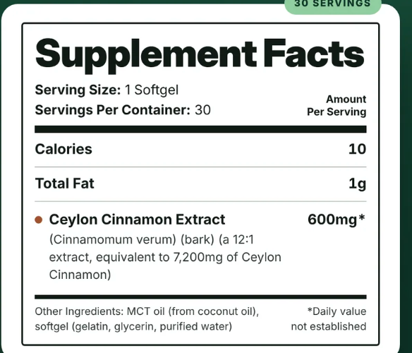Vesterial Ceylon Cinnamon Supplement Facts