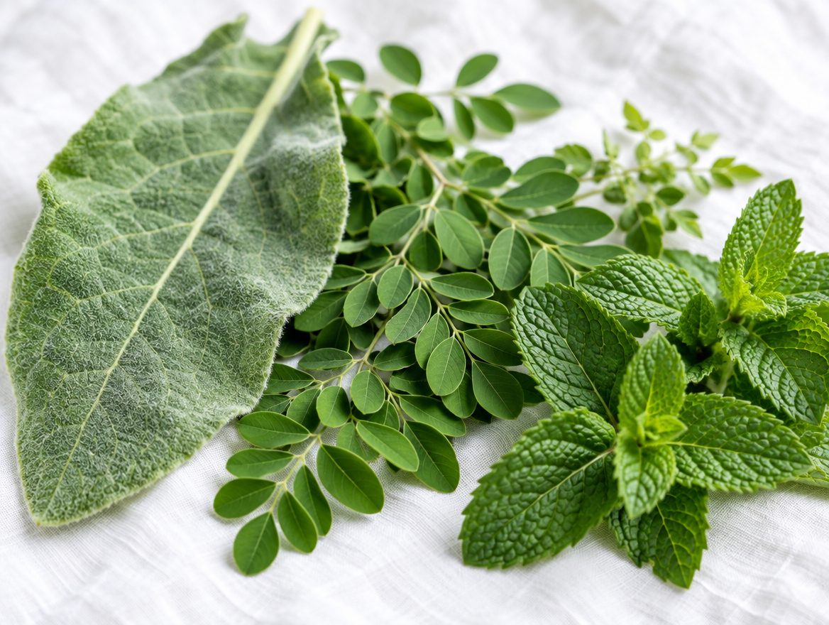Fresh green herbs on white linen